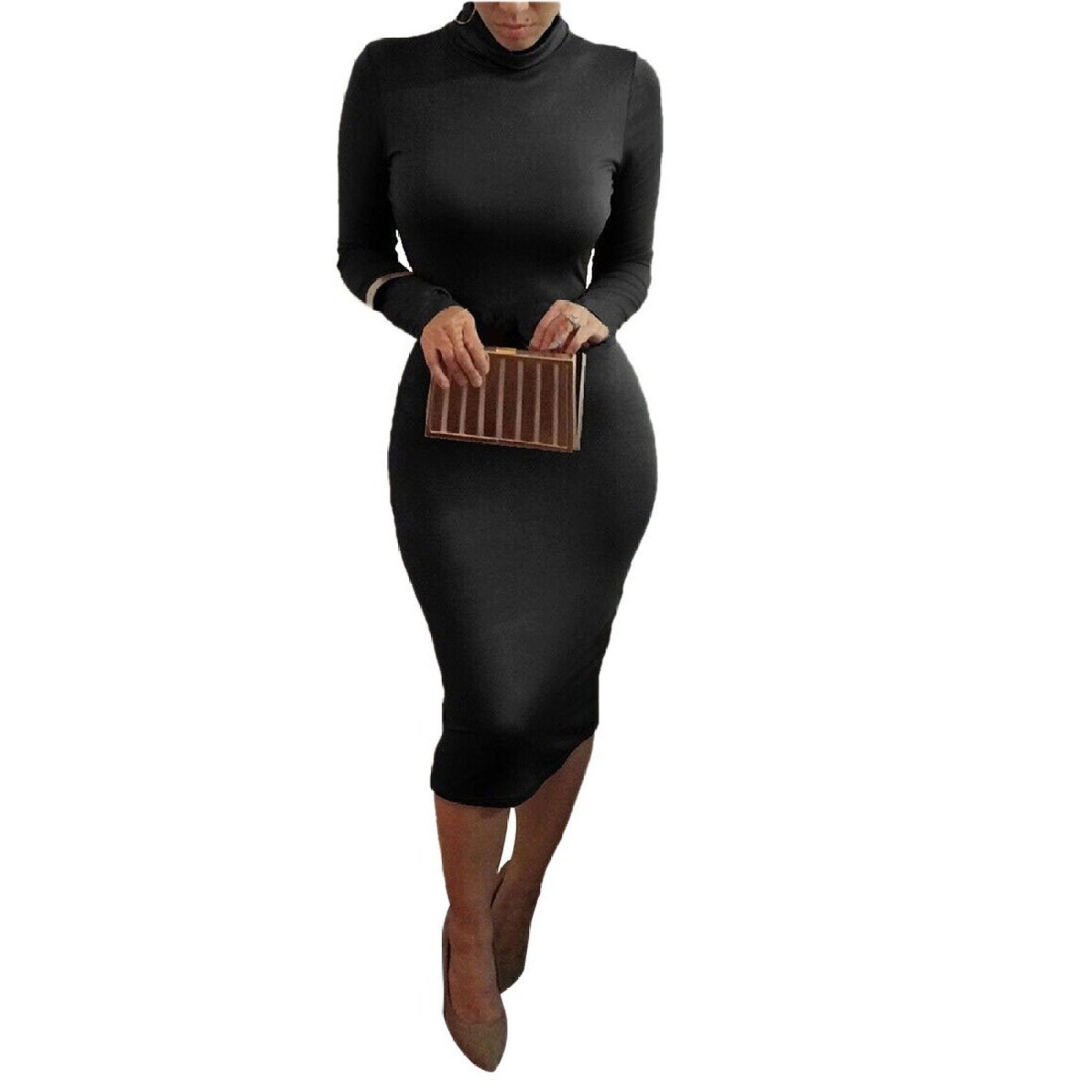 Pink Queen® Womens Turtleneck Long Sleeve Mid Length Bodycon Bandage Dress